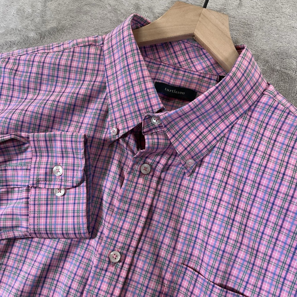 Turtleson Shirt Mens XL Pink Purple Plaid Button Down Long Sleeve Performance